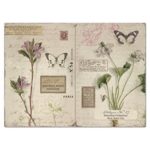 Vintage Purple Flowers Butterflies and Ephemera Tissue Paper