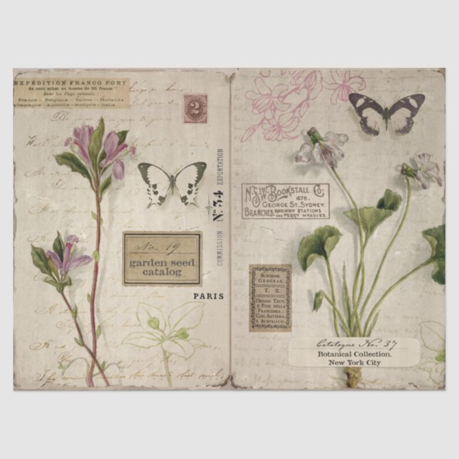 Vintage Purple Flowers Butterflies and Ephemera Tissue Paper (Front)