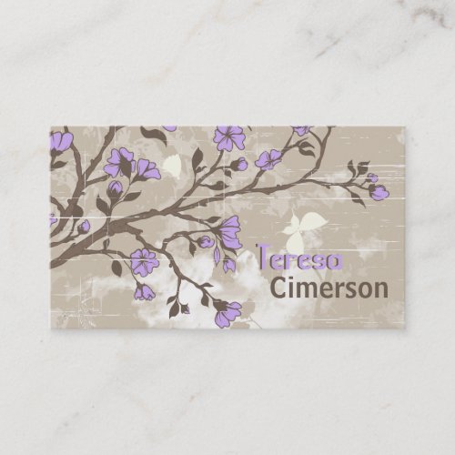 Vintage purple flowers floral grunge taupe business card