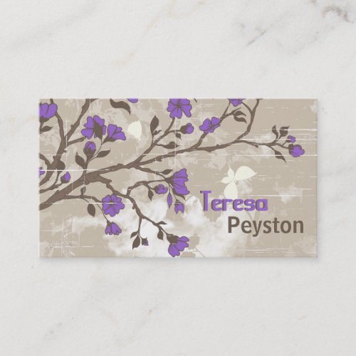 Vintage purple flowers floral grunge taupe business card