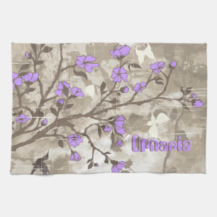 Vintage purple flowers taupe grunge custom kitchen towel