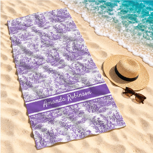 Vintage Purple French Toile de Jouy Pattern Beach Towel