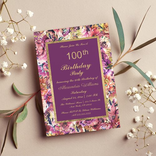 Vintage Purple Gold Coral Floral 100th Birthday Invitation Postcard