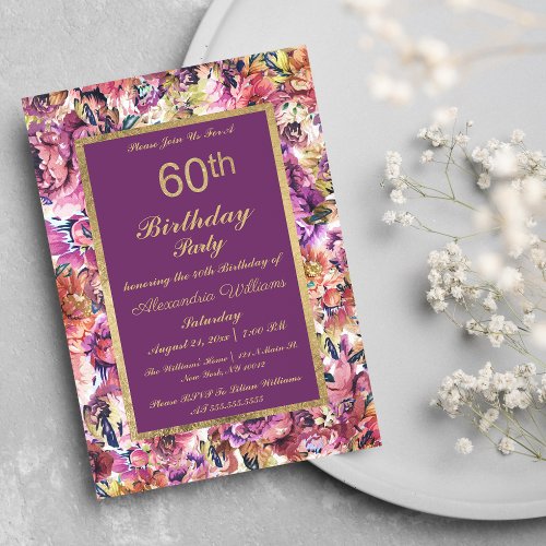 Vintage Purple Gold Coral Floral 60th Birthday Invitation