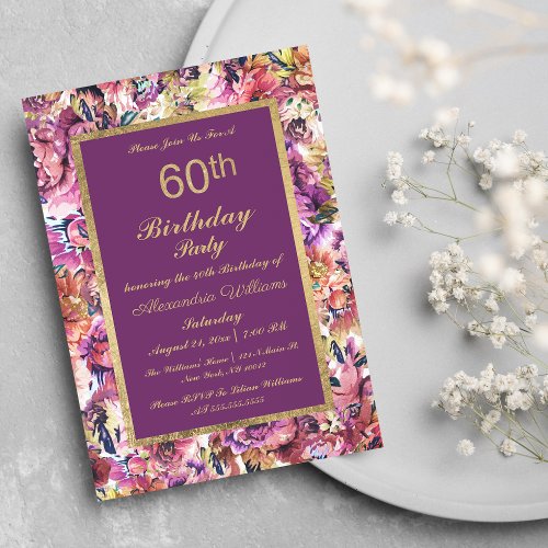 Vintage Purple Gold Coral Floral 60th Birthday Invitation Postcard