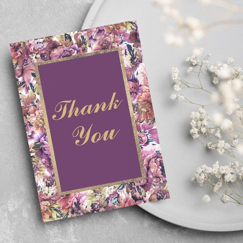 Vintage Purple Gold Coral Floral 90th Birthday Thank You Card