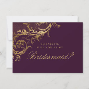 Vintage Purple Gold Damask Script Bridesmaid Invitation