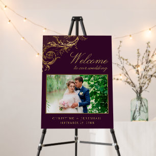 Vintage Purple Gold Damask Wedding Welcome Foam Board