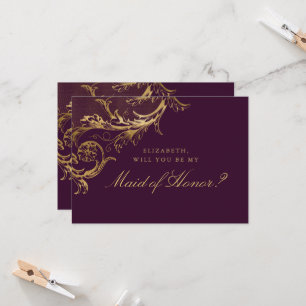 Vintage Purple Gold Floral Damask Maid of Honor Invitation