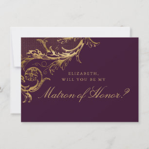 Vintage Purple Gold Floral Damask Matron of Honor Invitation