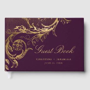 Vintage Purple Gold Floral Damask Script Wedding Guest Book