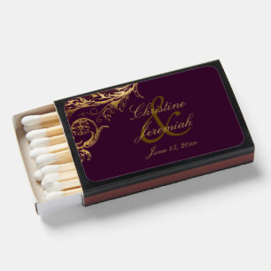 Vintage Purple Gold Floral Damask Script Wedding Matchboxes