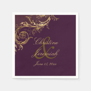 Vintage Purple Gold Floral Damask Script Wedding Napkins