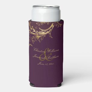 Vintage Purple Gold Floral Damask Script Wedding Seltzer Can Cooler