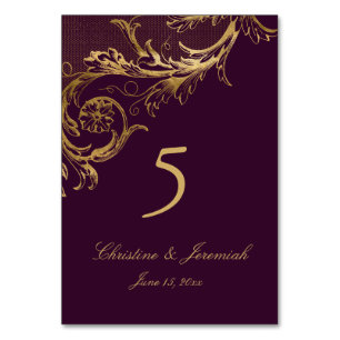 Vintage Purple Gold Floral Damask Script Wedding Table Number