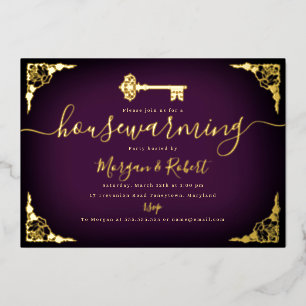 Vintage Purple Gold Key Housewarming Party Foil Invitation