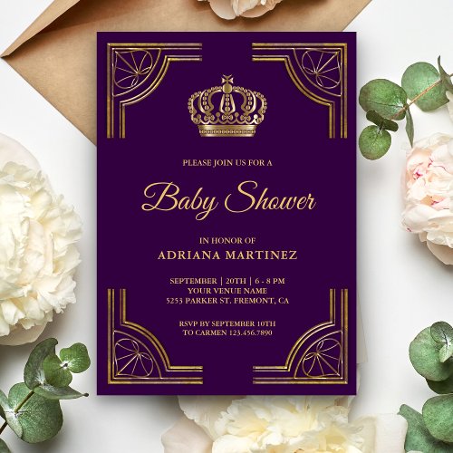 Vintage Purple Gold Ornate Crown Baby Shower Invitation