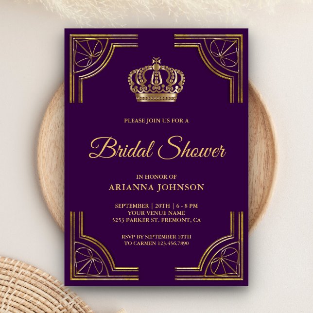 Vintage Purple Gold Ornate Crown Bridal Shower Invitation