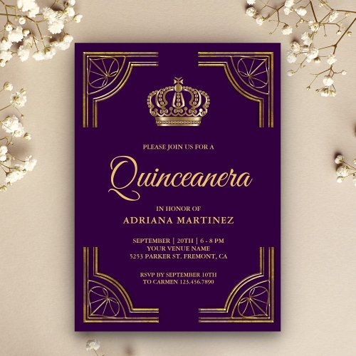 Vintage Purple Gold Ornate Crown Quinceanera Invitation