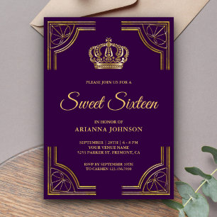 Vintage Purple Gold Ornate Crown Sweet Sixteen Invitation