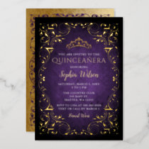 Vintage Purple Gold Princess Tiara Quinceañera Foil Invitation