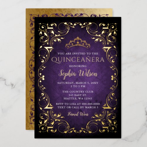 Vintage Purple Gold Princess Tiara Quinceaera Foil Invitation
