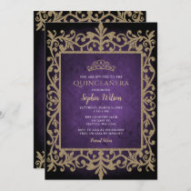 Vintage Purple Gold Princess Tiara Quinceañera   Invitation