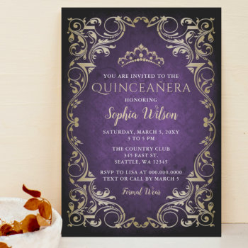 Vintage Purple Gold Princess Tiara Quinceañera Invitation by Invitationboutique at Zazzle