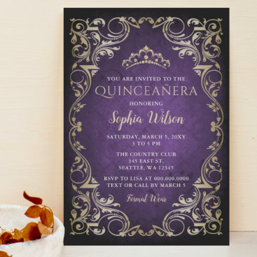 Vintage Purple Gold Princess Tiara Quinceañera Invitation