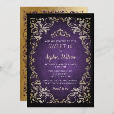 Vintage Purple Gold Princess Tiara Sweet 16  Invitation