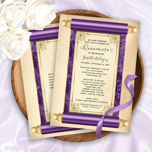 Vintage Purple Gold Scroll Elegant Quinceaera Invitation