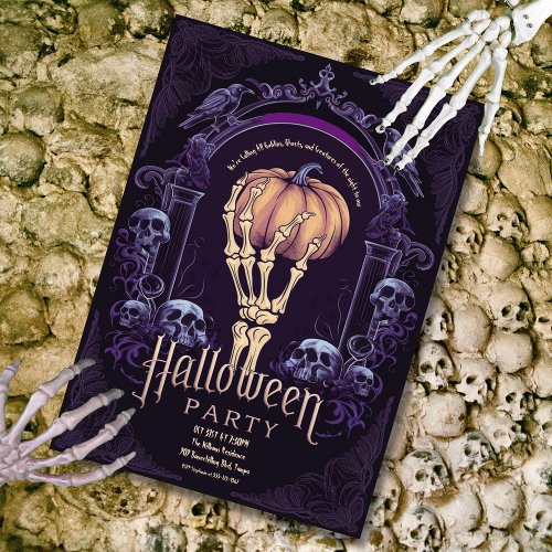 Vintage Purple Gothic Skeleton Hand Halloween Invitation