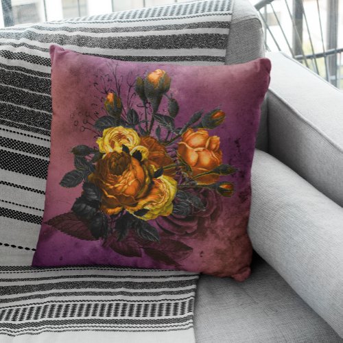 Vintage Purple Halloween Orange Black Flower Rose Throw Pillow