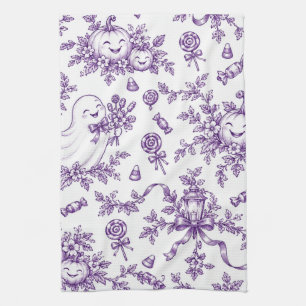 Vintage Purple Halloween Toile Pattern Cute Ghosts Kitchen Towel