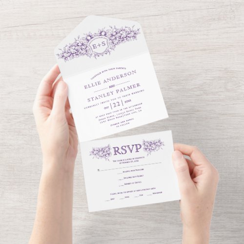 Vintage purple heraldic crest initials wedding   all in one invitation