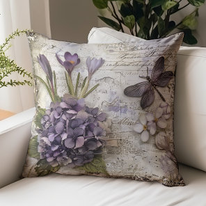 Vintage Purple Hydrangea Dragonfly Shabby Chic Throw Pillow