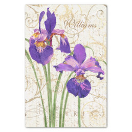Vintage Purple Iris Gold Script Custom Name Floral Tissue Paper