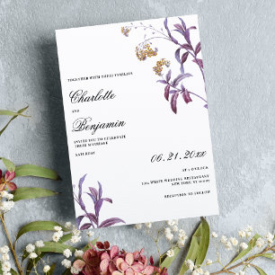 Vintage purple lavender orange leaf floral wedding invitation