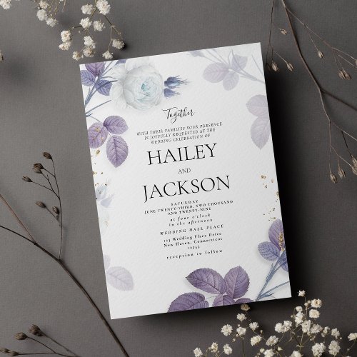 Vintage purple lavender white gold floral wedding invitation