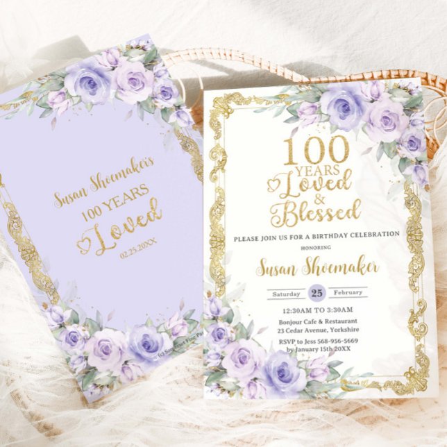 Vintage Purple Lilac Floral 100th Birthday Loved Invitation (Creator Uploaded)