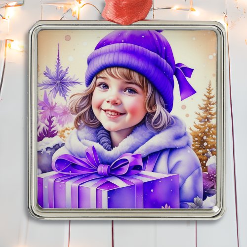 Vintage Purple Little Girl Christmas Personalized Metal Ornament