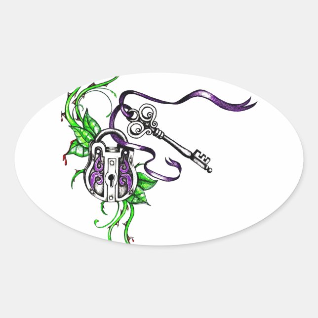 Vintage purple Lock and Key design Oval Sticker (Front)