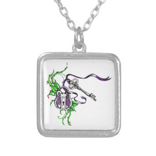 Vintage purple Lock and Key design Silver Plated Necklace