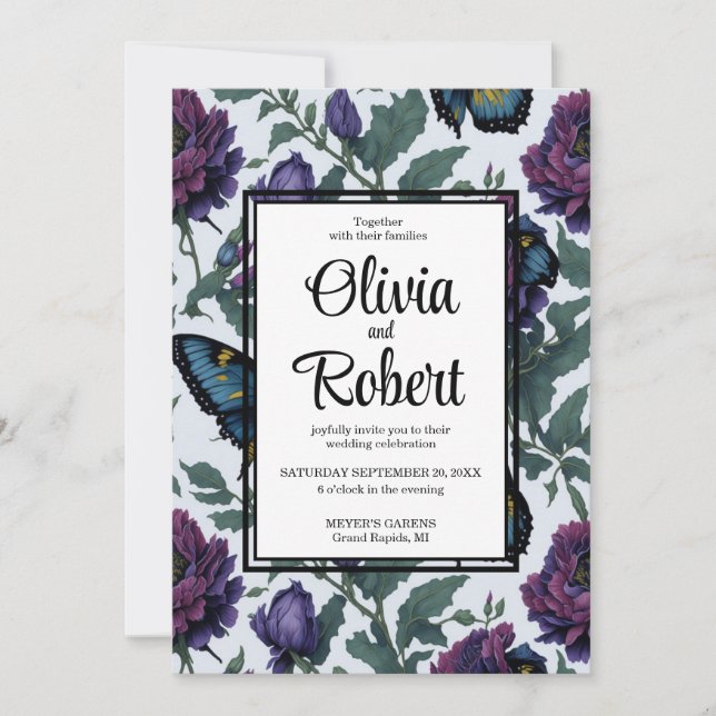 Vintage purple magenta floral butterflies wedding invitation (Front)