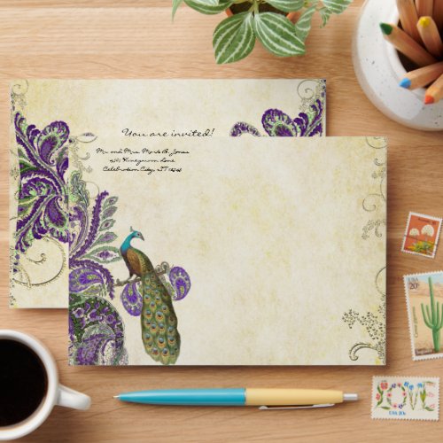 Vintage Purple Paisley Peacock Wedding Envelopes