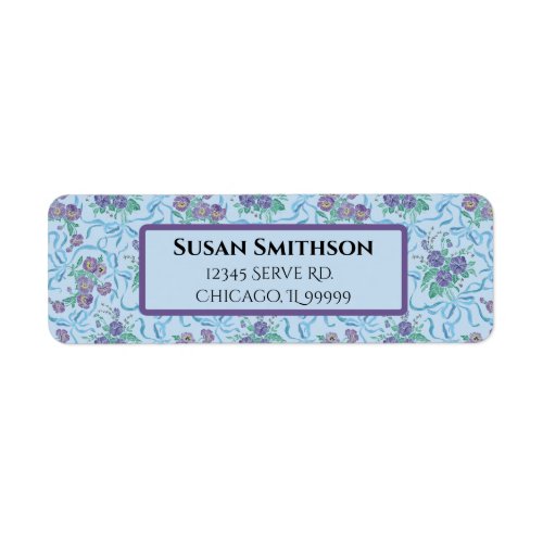 Vintage Purple Pansies Ribbons Blue Return Address Label