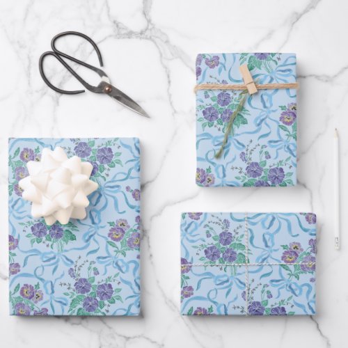 Vintage Purple Pansies Ribbons Light Blue Wrapping Paper Sheets