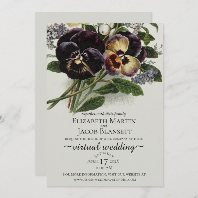 Vintage Purple Pansy Virtual Wedding Invitation (Front/Back)
