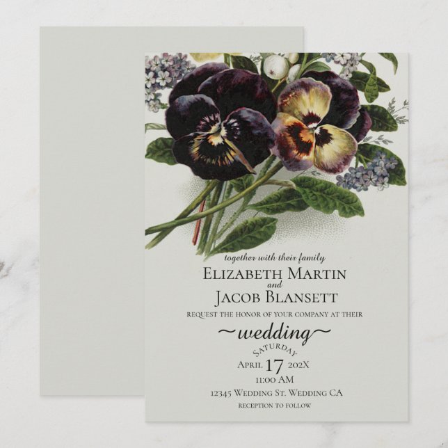 Vintage Purple Pansy Wedding Invitation (Front/Back)