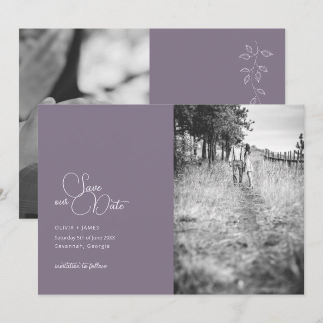 Vintage Purple Photo Save The Date Card  (Front/Back)